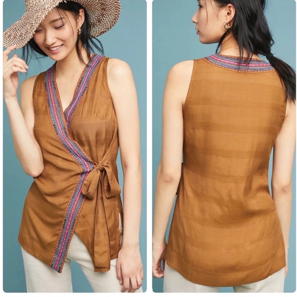 Anthropologie Maeve Liviana Wrap Tunic Top Embroidered Boho Tank XS